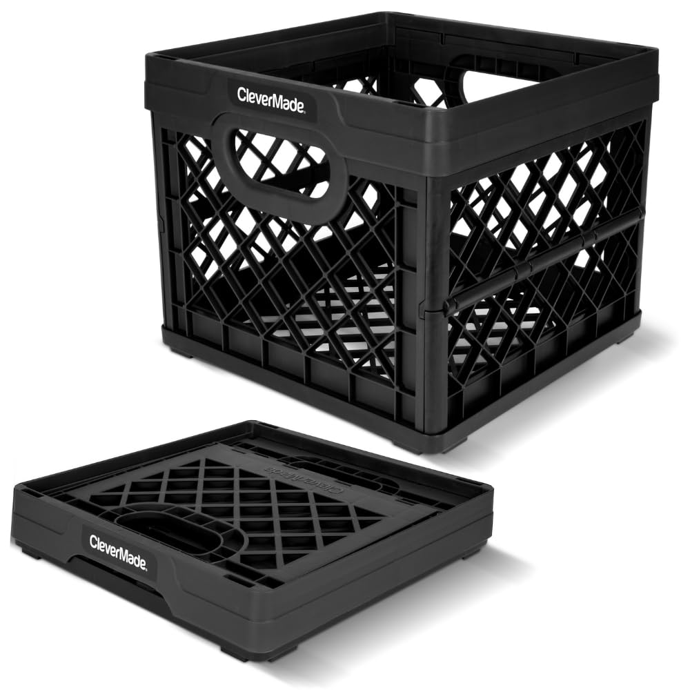CleverMade Collapsible Milk Crate, Obsidian, 1PK - 25L (6 Gal) Stackable Storage Bins, Holds 50lbs Per Bin - Clevercrates are Heavy Duty, Plastic…