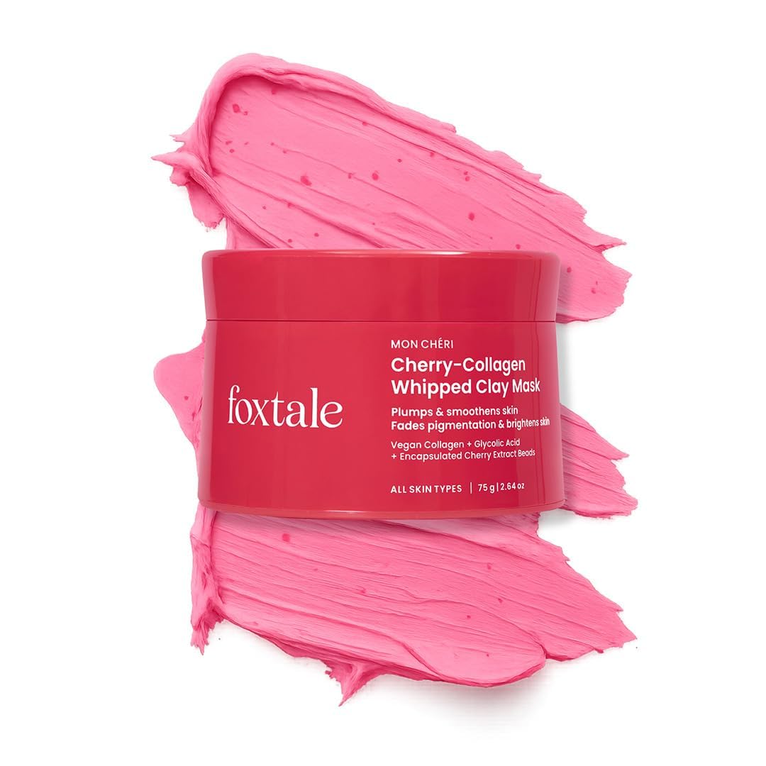 FoxTale Cherry-Collagen Whipped Clay Mask | Vegan Collagen + Glycolic Acid + PHA + Cherry Beads | Hydrates, Plumps & Firms Skin | Detoxifies Pores