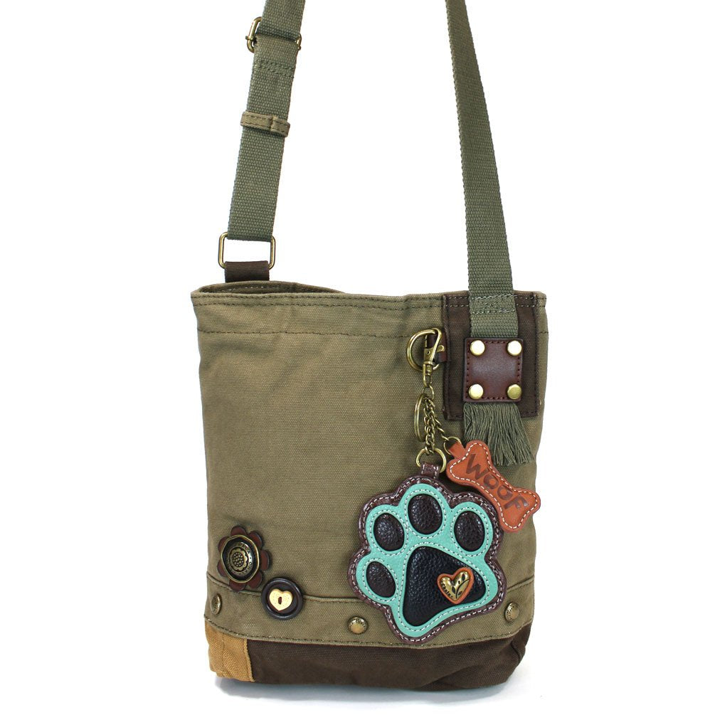 Chala Canvas Crossbody Messenger handBags with Keyfob/Coin Purse - (Green Paw) (Olive -Teal Paw)