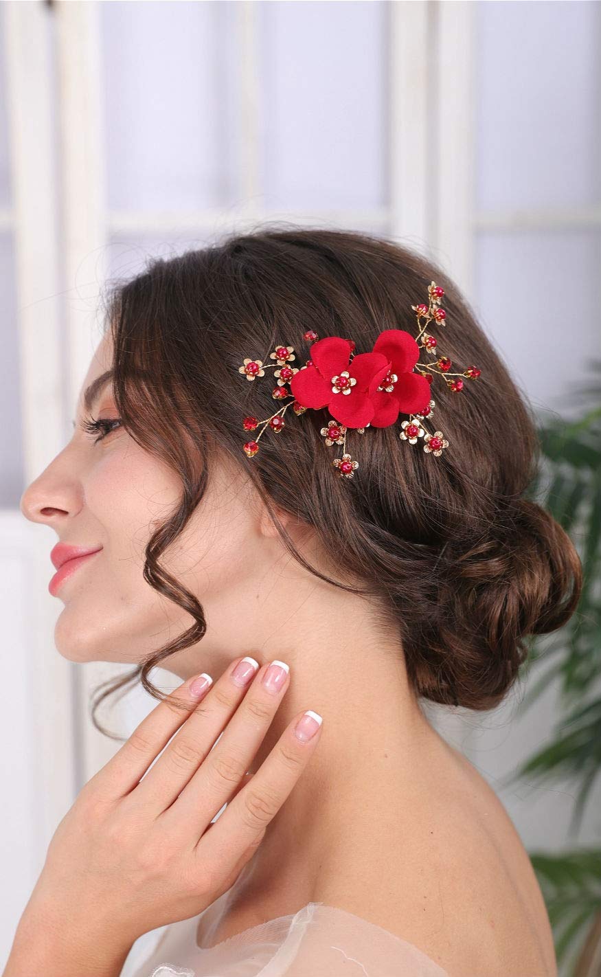 Sither Red Hair Clip for Bridal Floral Hair Comb for Women Wedding Hair Accessories for Bride Hair Clip Headpiece for Wedding Party Prom Gift