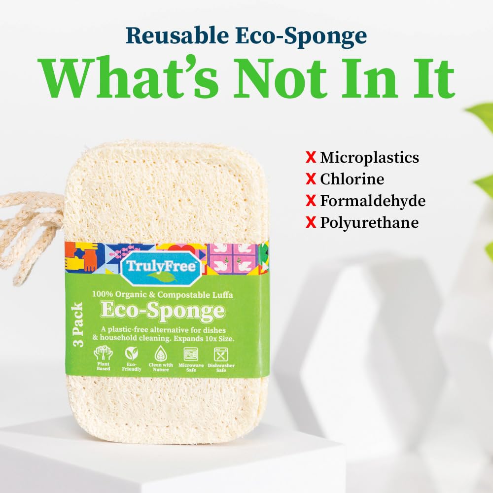 Truly Free Natural Cleaning Sponges, 100% Organic Luffa Dish Scrubber, Plant-Based Compostable Kitchen Dishwasher Sponge, Cleans Sink, Grout & Tile