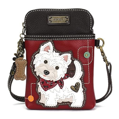 CHALA Dog Collection Cell Phone Crossbody Purse-Women PU Leather/Canvas Multicolor Handbag with Adjustable Strap - Westie - burgundy
