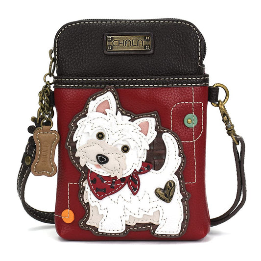 CHALA Dog Collection Cell Phone Crossbody Purse-Women PU Leather/Canvas Multicolor Handbag with Adjustable Strap - Westie - burgundy Fashion CHALA