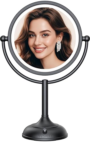 VESAUR Professional 8.5" Lighted Makeup Mirror, 1X/10X Double Sided HD Undistorted Magnifying Mirror with 3 Color 90 Dimmable LED lights, 360°