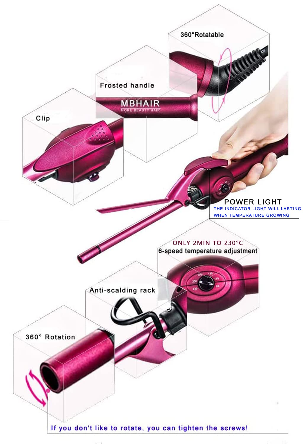 MBHAIR 9mm Thin Curling Wand Hair Curler, 3/8 Small Barrel Skinny Hair Curling Iron Wand Professional Super Tourmaline Ceramic Barrel Small Tongs