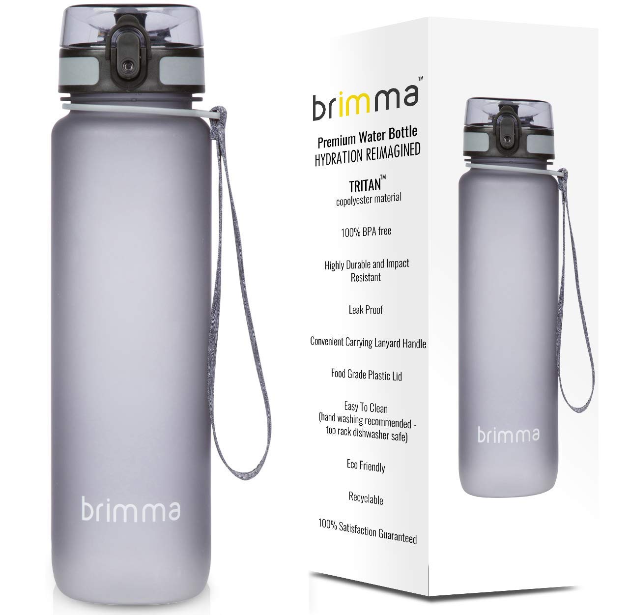 Brimma Premium Sports Water Bottle with Leak Proof Flip Top Lid - Eco Friendly & BPA Free Tritan Plastic - Must Have for The Gym, Yoga, Running