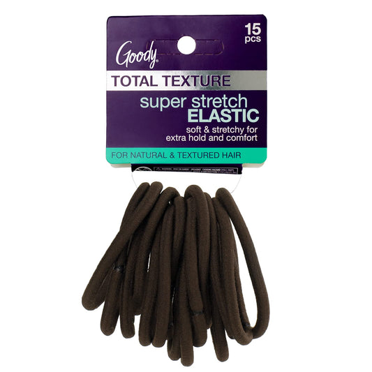Goody Total Texture Super Stretch Elastics,15 Count, Brown, Suitable for All Hair Types, Ouchless Pain-Free Hair Accessories for Women, Men, Boys
