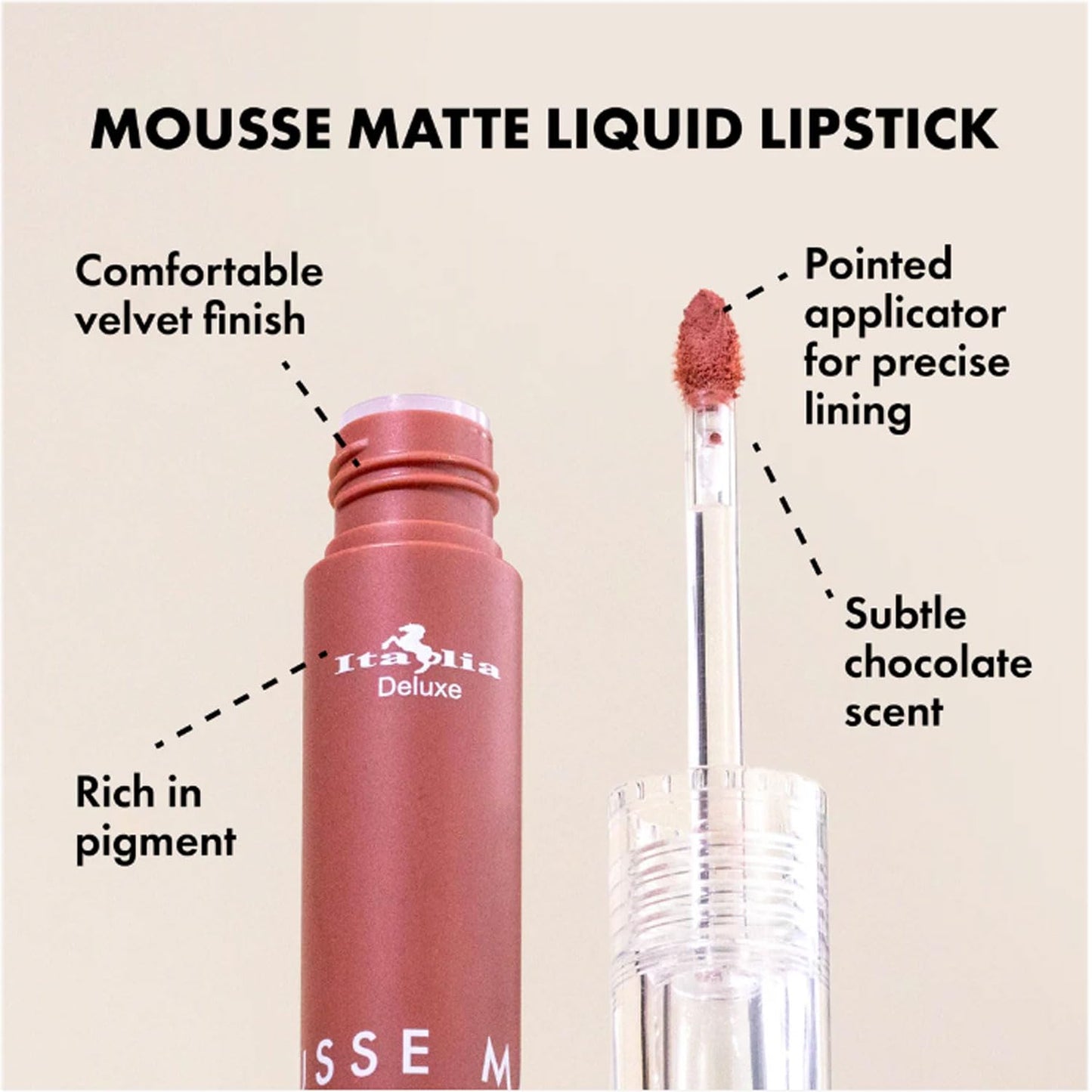 Italia Deluxe Pick 1 Mousse Matte Liquid Lipstick Comfortable Velvet Finish & Zipper Bag (190-12 : TEDDY, Full Size)