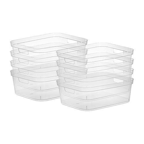 Sterilite 5.25 x 12.25 x 15 Inch Medium Modern Storage Bin w/Comfortable Carry Through Handles & Banded Rim for Household Organization, Clear 8 Pack