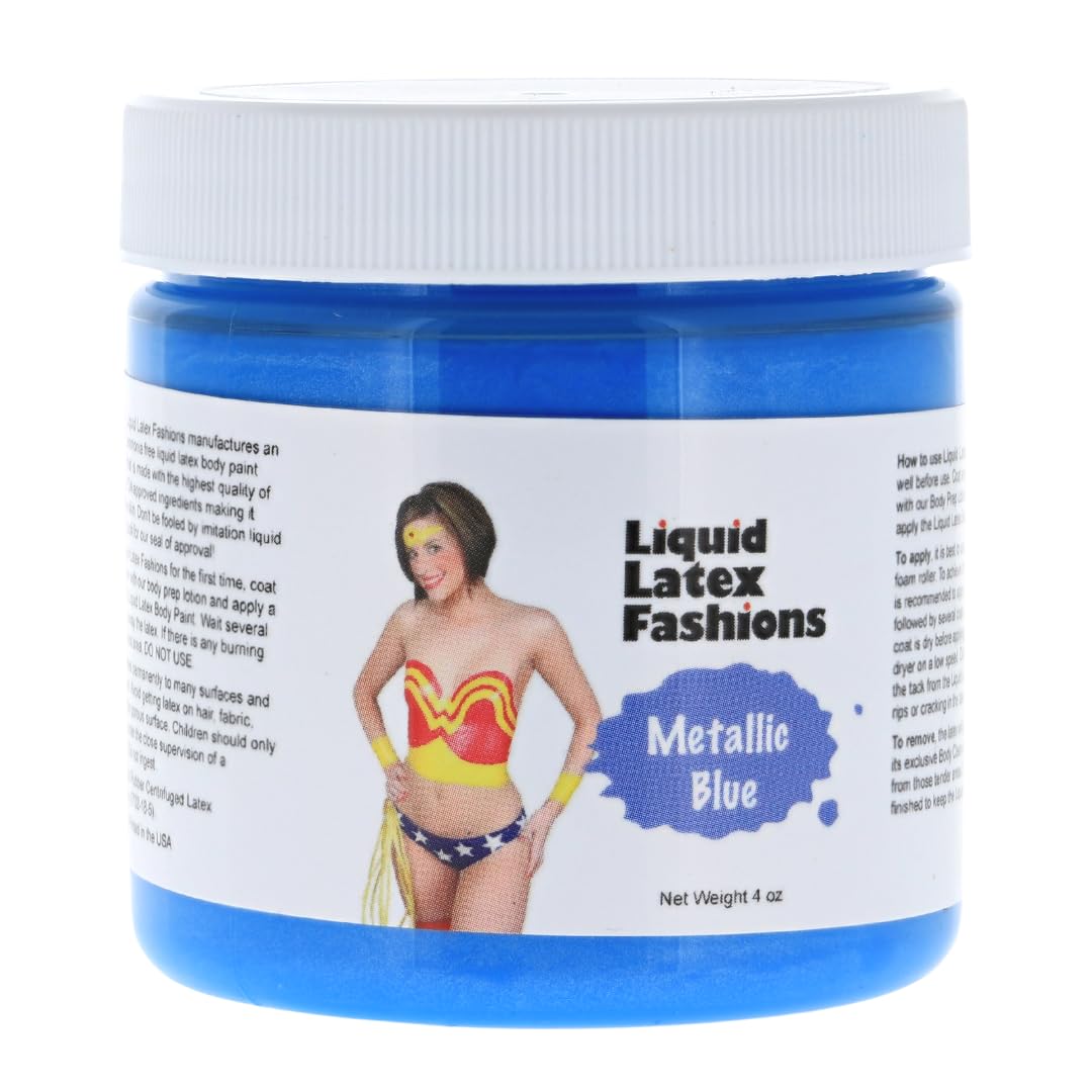 Metallic Blue 4 Oz - Liquid Latex Face and Body Paint, Skin Safe, Non-Toxic, Easy to Apply - Perfect for Costume and Body Painting, Creates Shimmery