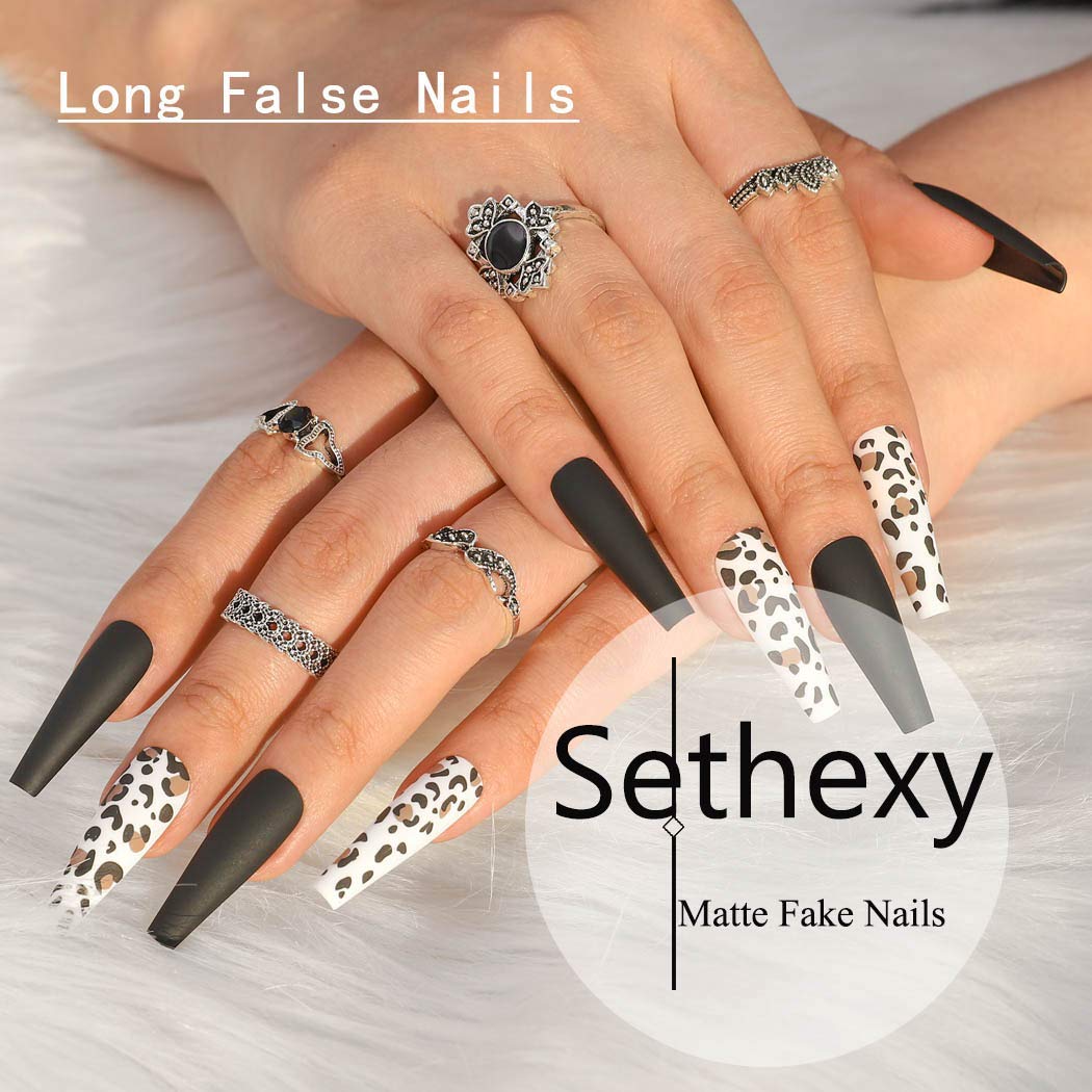 Sethexy Leopard Ballerina False Nail Matte Long Coffin Fake Nails Press on 24Pcs Acrylic Art Nail Tips For Women and Girls (Black)