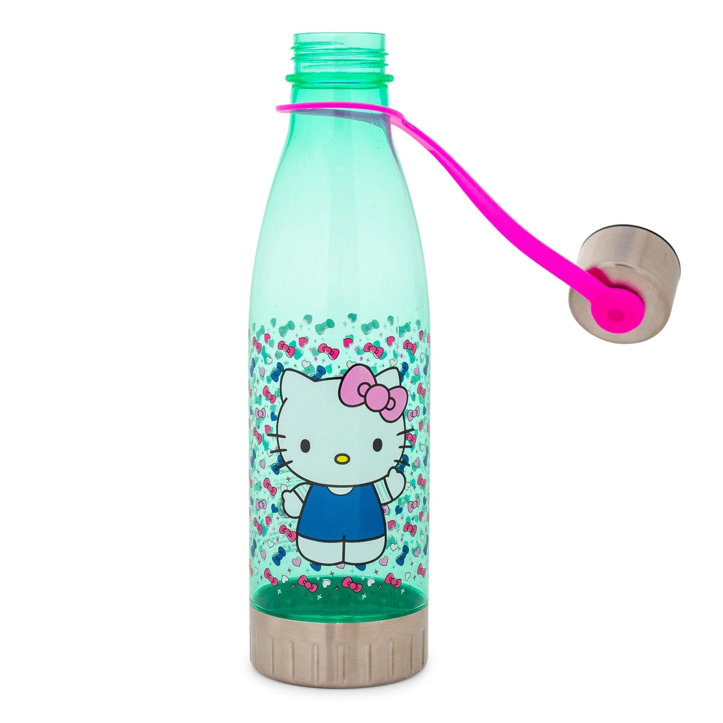 Hello Kitty Sanrio Hearts and Bows Plastic Water Bottle With Leak-Resistant Lid | Large Plastic Sports Jug | Holds 20 Ounces