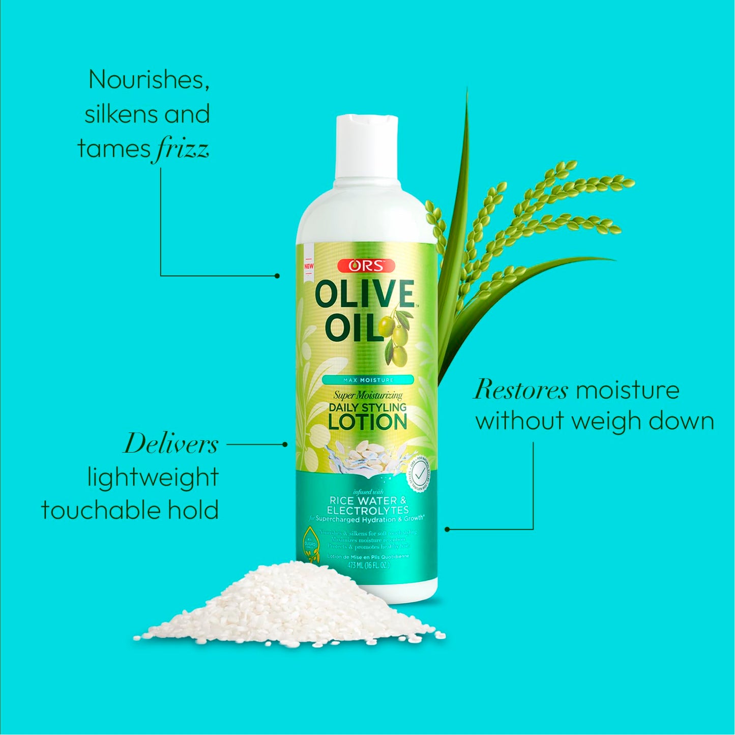 ORS Olive Oil Max Moisture Super Moisturizing Daily Styling Lotion infused with Rice Water & Electrolytes 16 Ounces