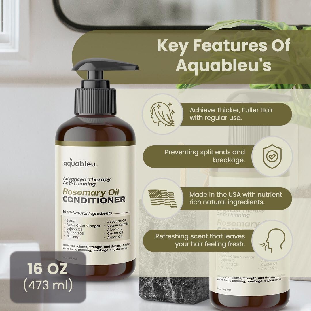Aquableu Advanced Therapy Anti-Thinning Rosemary Oil Conditioner - Infused with 14 All-Natural Ingredients for Enhanced Volume, Strength, Thickness