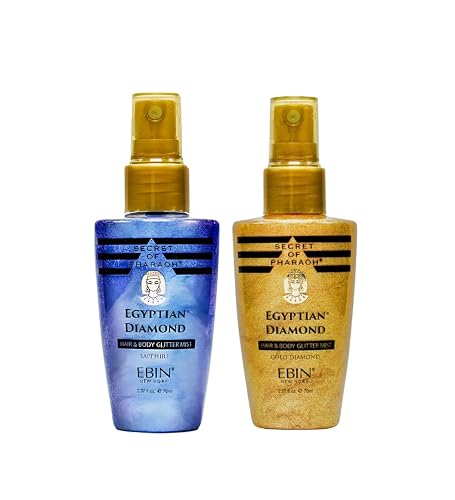Shiny Glitter Spray for Hair & Body - Secret of Pharaoh Egyptian Diamond Gold Bundle with Sapphire Glitter Mist 2.37 Fl Oz by EBIN NEW YORK - Travel
