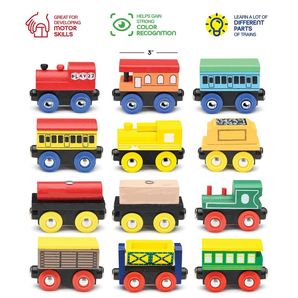 Wooden Train Set 12 PCS - Train Toys Magnetic Set Includes 3 Engines - Toy Train Sets For Kids Toddler Boys And Girls - Compatible With All Major…