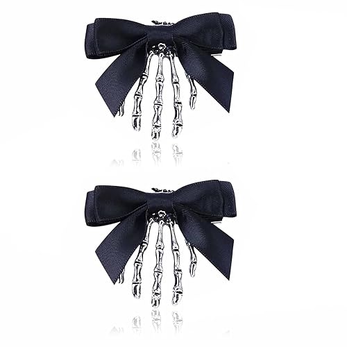 Utavu 2Pcs Skeleton Hand Hair Clips with Bowknot - Cute Skull Claw Hairpins for Girls, Party Cosplay