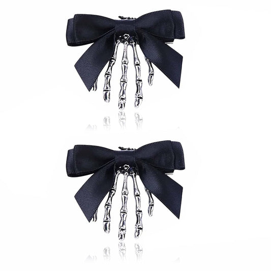 Utavu 2Pcs Skeleton Hand Hair Clips with Bowknot - Cute Skull Claw Hairpins for Girls, Party Cosplay