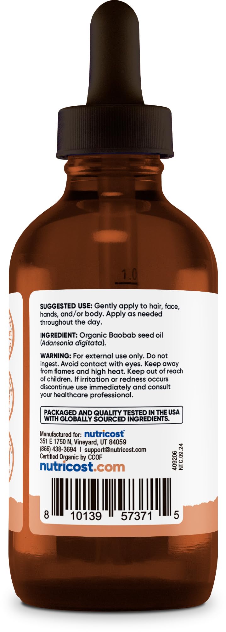 Nutricost Organic Baobab Oil (4 FL OZ) - Nourishing Oil For Hair, Face, & Body, Cold Pressed & Unrefined