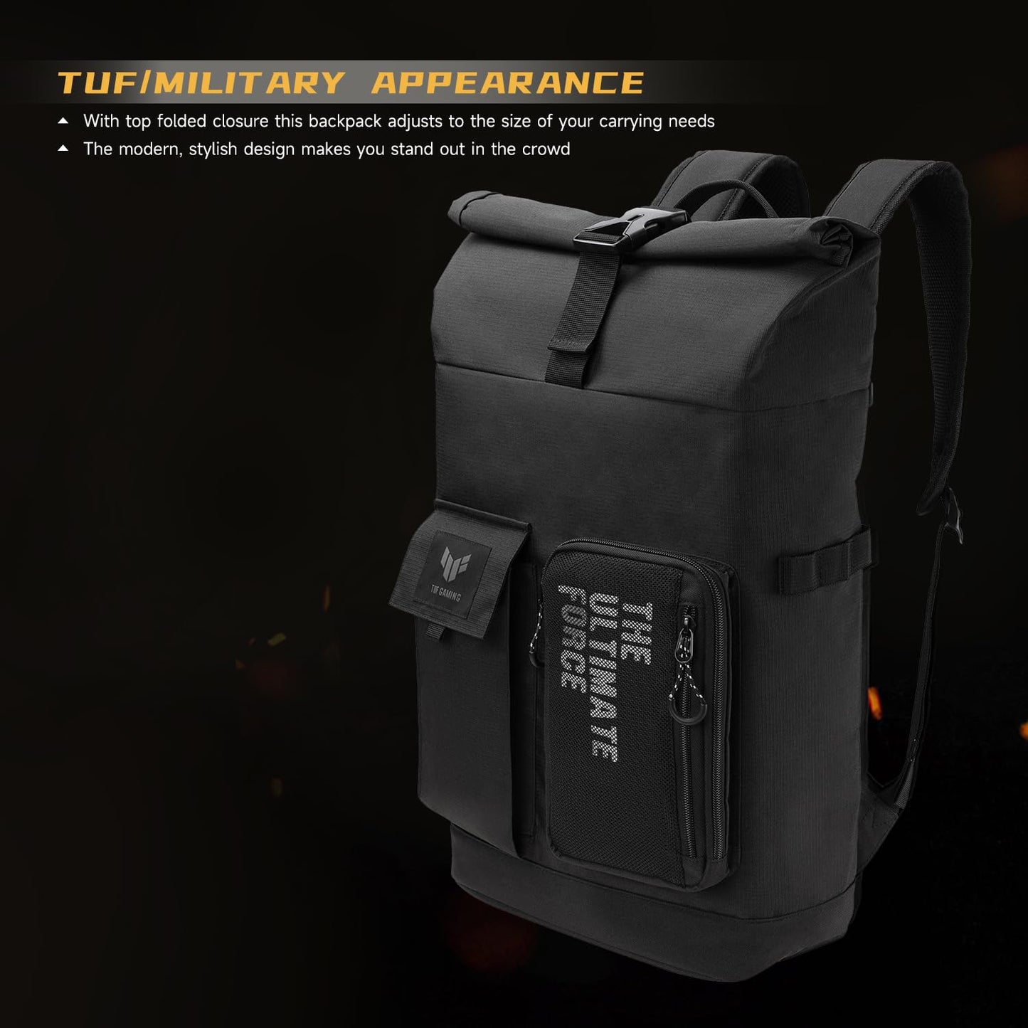 ASUS TUF Gaming VP4700 Backpack, up to 17" laptop, with top folded closure to resize, light weight and durable water repellent for daily usage