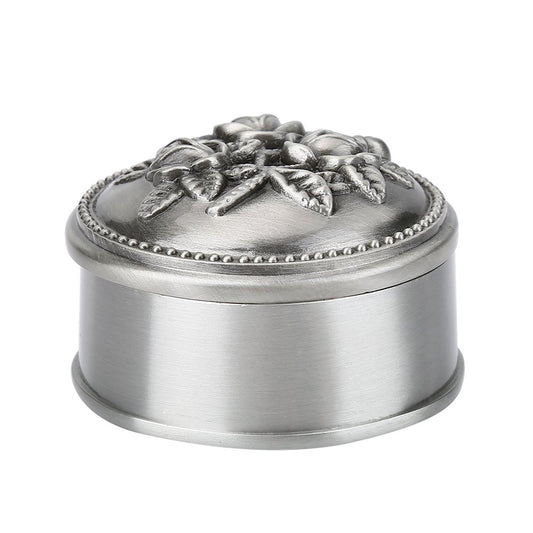 Eujgoov 1 Pcs Vintage Flower Carved Round Shaped Zinc Alloy Jewelry Box Organizer Classic Ornaments For Necklace Ring Storage - Silver