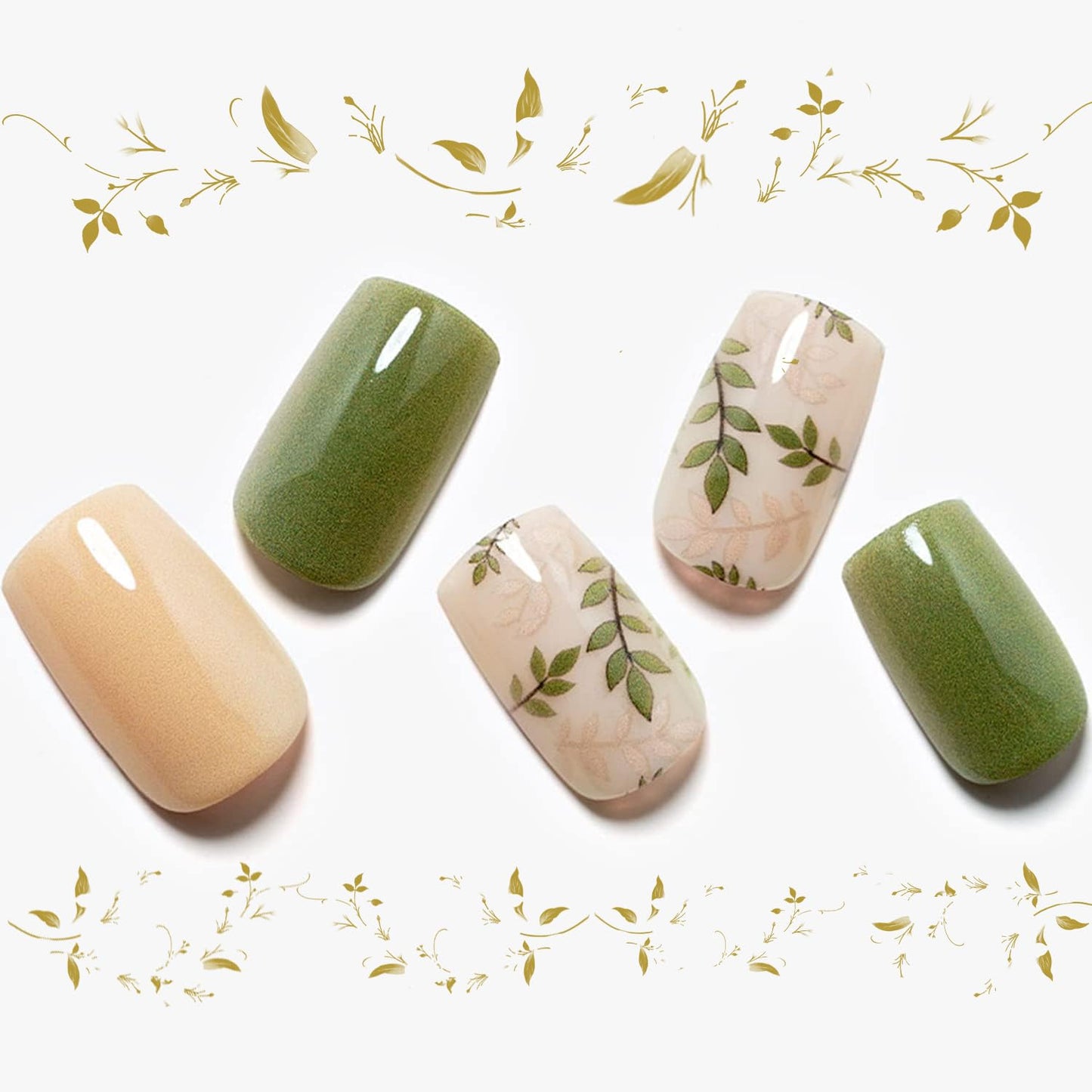 Press on Nails Medium Short Square GLAMERMAID, Amber Green Ferns Fake Nails with Design Cute Acrylic False Nail Kits Stick Glue on Nails Sets