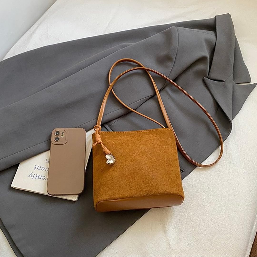 Mini Suede Bucket Bags for Women Suede Slouchy Shoulder Bag Crossbody Bags Vintage Fall Purse Hobo Handbag Work Travel (Brown)