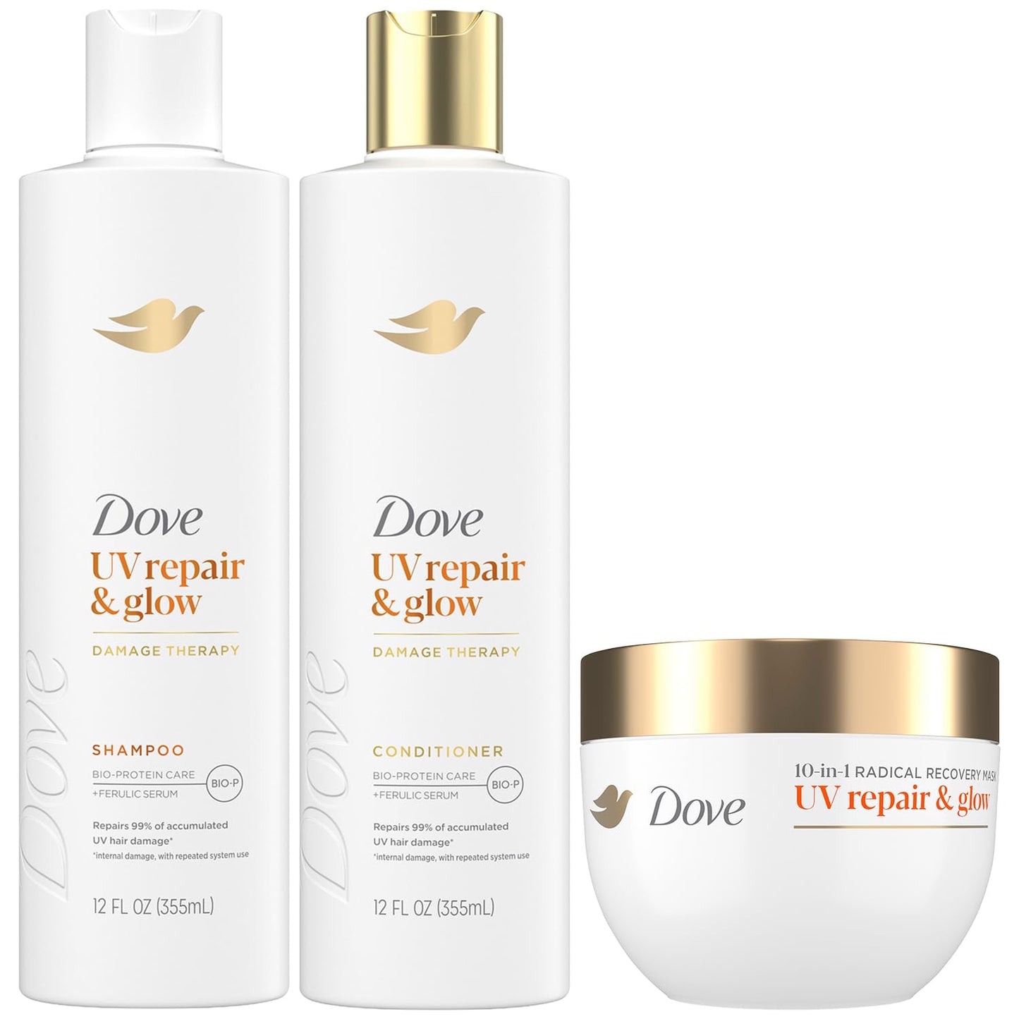 Dove Shampoo, Conditioner & 10-in-1 Radical Recovery Hair Mask, UV Repair & Glow - Damage Therapy Hair Products with Ferulic Serum and BioProtein Care