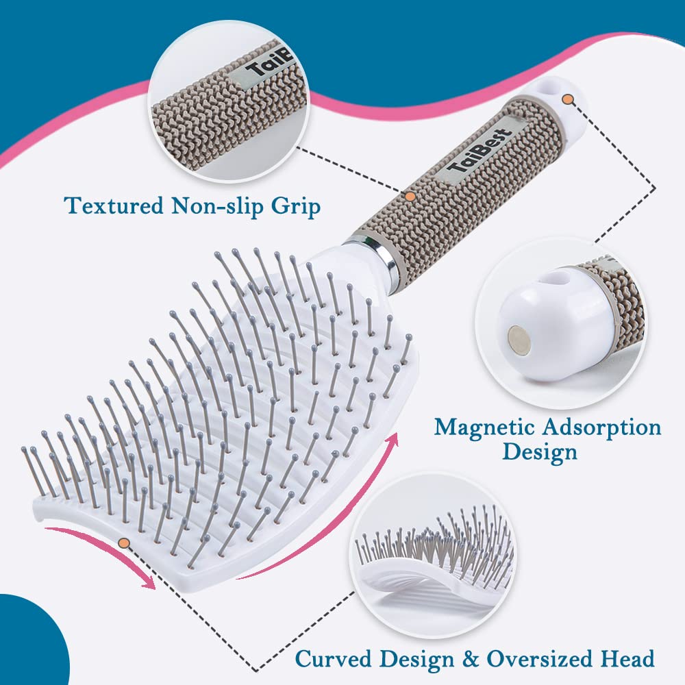 TaiBest Boar Bristle Hair Brush Set - Dry/Wet Hair Brushes Detangler for Fine, Thick, Curly Hair - Curved and Vented Hair Brush for Women, Men or Kids