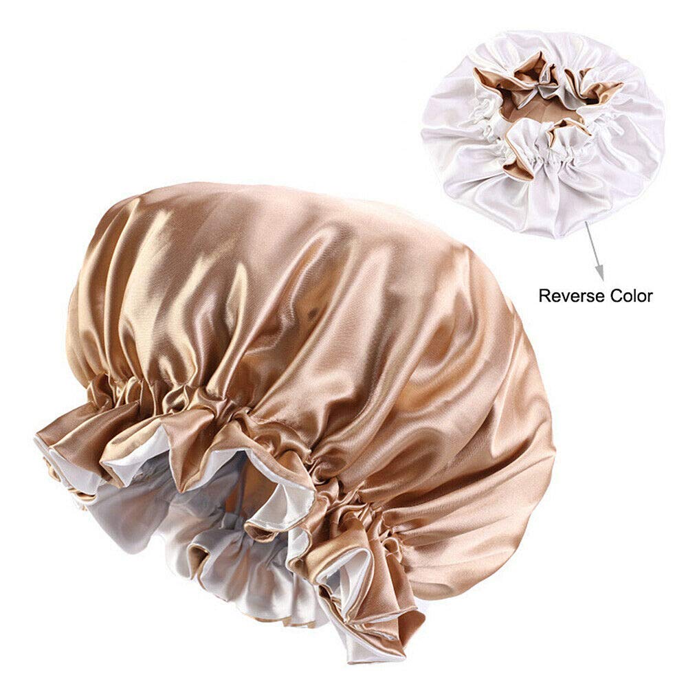 Magik Double-sided Cover Satin Night Sleep Cap Hair Bonnet Hat Head w/Elastic Band (2 Pack, Champagne/Ivory) Beauty and Personal Care Magik