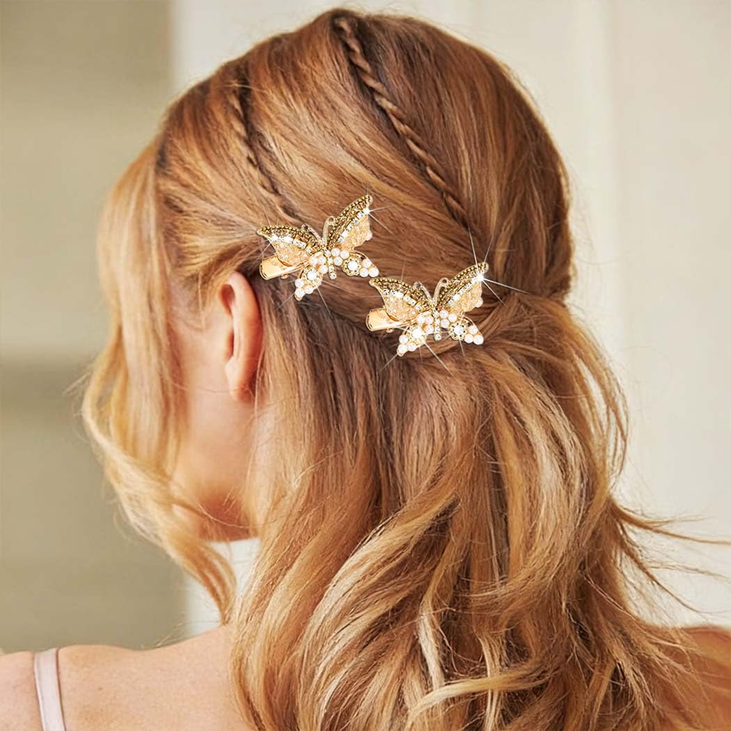 BARTOSI Butterfly Hair Clips Gold Rhinestone Hair Clip Small Fancy Butterfly Hair Accessories for Women and Girls (Pack of 2)