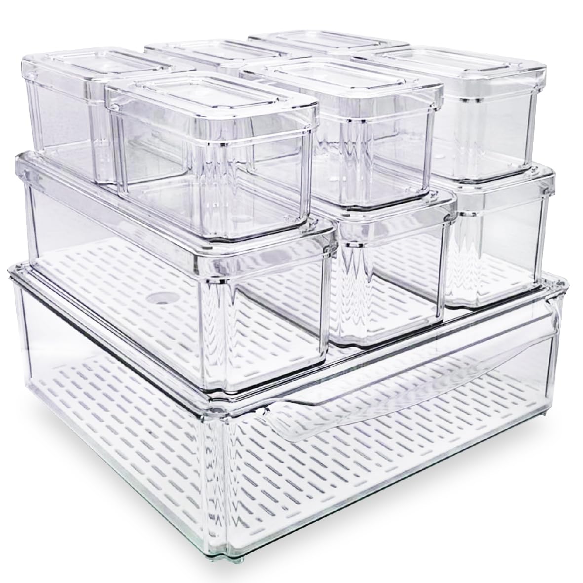 EASPACE 10-Pack Clear Fridge Organizer Bins with Lids & Drainage Holes, Stackable Container Set, BPA-Free Plastic Refrigerator Storage Containers…