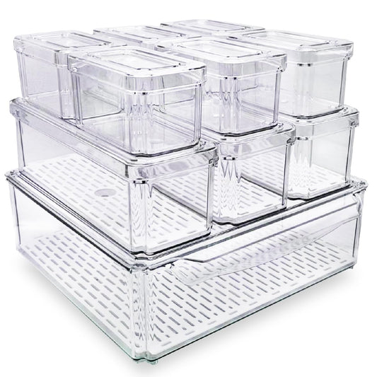 EASPACE 10-Pack Clear Fridge Organizer Bins with Lids & Drainage Holes, Stackable Container Set, BPA-Free Plastic Refrigerator Storage Containers…