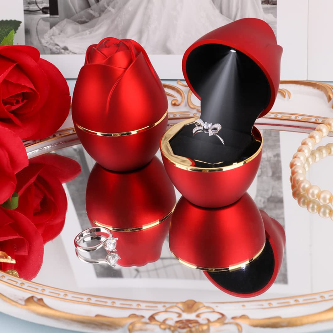 Rolin Roly Red Ring Box with LED Light Rose Jewelry Ring Case Jewellry Display Gift Boxes for Mother's Day Wedding Ring Box Ceremony Engagement…