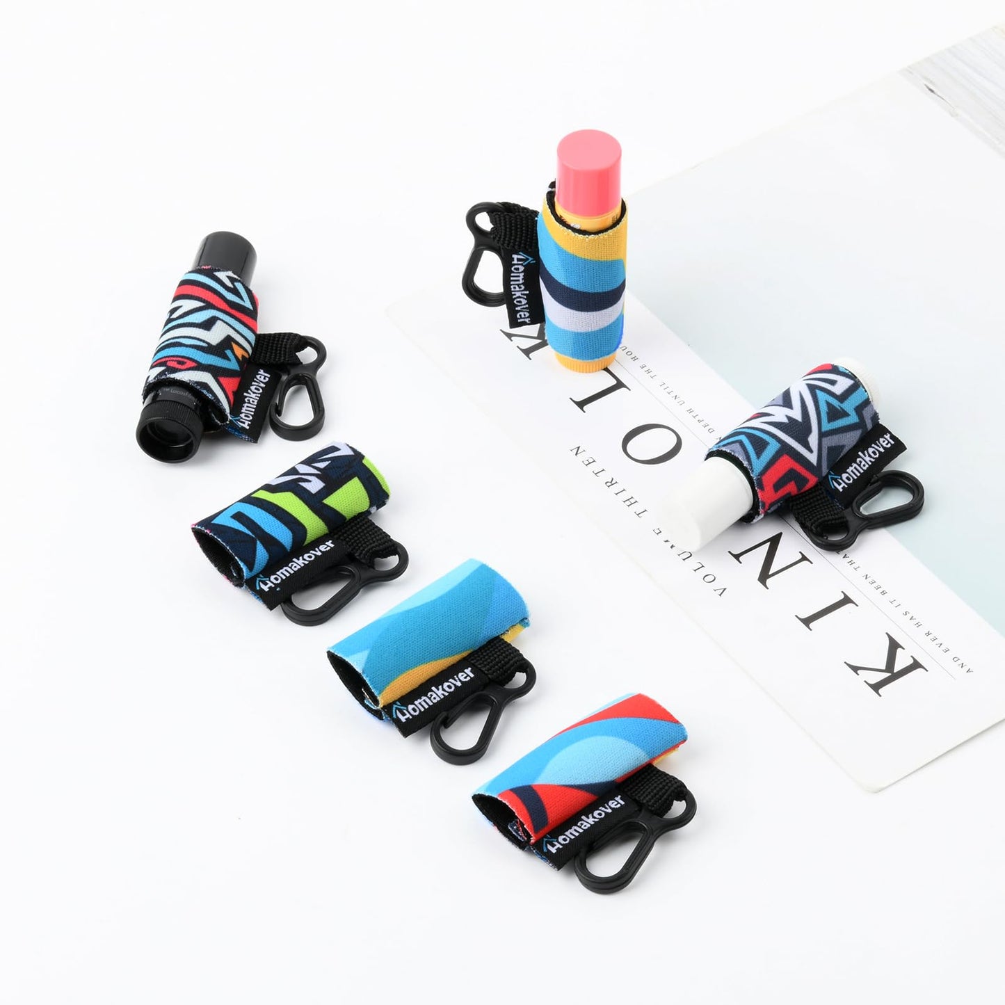 6 Pack Compact Clip-On Lipstick Holder Premium Release Hang Neoprene Sleeve Lip Balm with Hang Fits Most Standard Lip Balm (Abstract Painting)