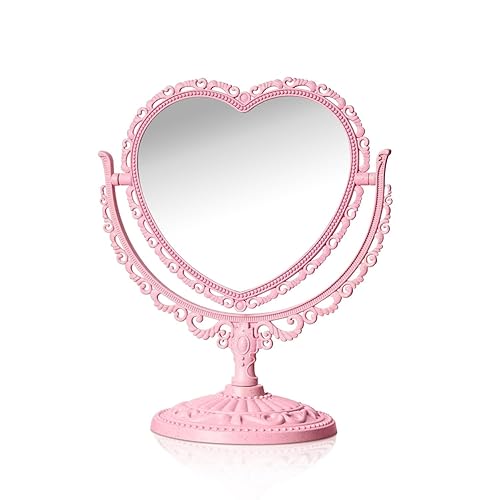 QEEYON Pink Heart Vanity Mirror - Double Sided 360 Degree Swivel - Aesthetic Makeup Cosmetic Mirror for Table Desk Countertop Dresser Coquette