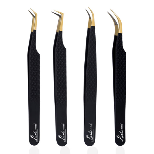 LASHORAA Professional Lash Tweezers 4 Pcs- Leather Case Eyelash Tweezers Fiber Tips, Diamond Grip & Japanese Steel- Curved, 45° Degree & Angular Beauty and Personal Care LASHORAA