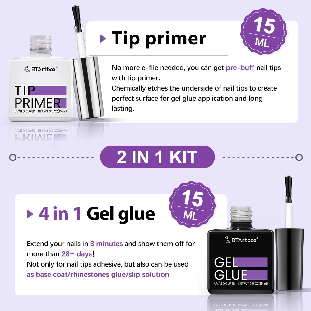 BTArtbox Nail Glue & Primer Set - 2 x 0.5 Fl Oz Acrylic French Ballerina Nail Gel, Long Lasting Super Strong 4 in 1 UV Nail Gel for Press On Nails Beauty and Personal Care BTArtbox