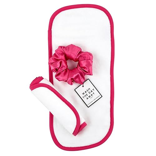 Bella Sleep + Spa Reusable Makeup Remover Facial Cloths and Scrunchie Facial Care Set, 3-Piece, Hot Pink