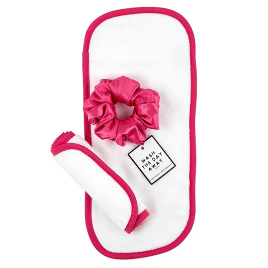 Bella Sleep + Spa Reusable Makeup Remover Facial Cloths and Scrunchie Facial Care Set, 3-Piece, Hot Pink