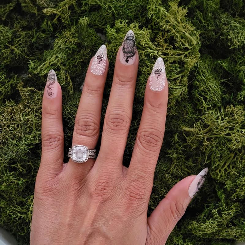 IMSOHOT Almond Press on Nails Medium Matte Nude Fake Nails Full Cover Acrylic False Nails with Black Rose Snake Designs Glue on Nails 24pcs