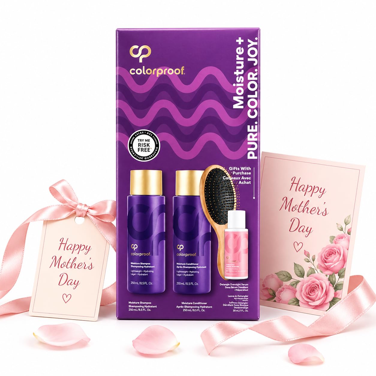 ColorProof Mothers Day Moisturizing Gift Set | Relaxation Gifts For Women Hair Care | Complete Set With Moisture Shampoo, Conditioner, Overnight Serum