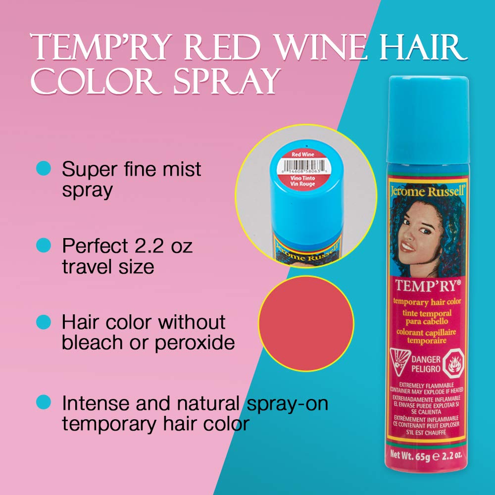Jerome Russell Spray-On Temporary Vivid Hair Color - Red Wine Intense, Fast-Drying, Non-Sticky, Travel Size Hair Dye, 2.2 oz