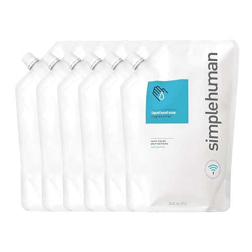 simplehuman Fragrance Free Moisturizing Liquid Hand Soap Refill Pouch, 34 Fl. Oz, Pack of 6