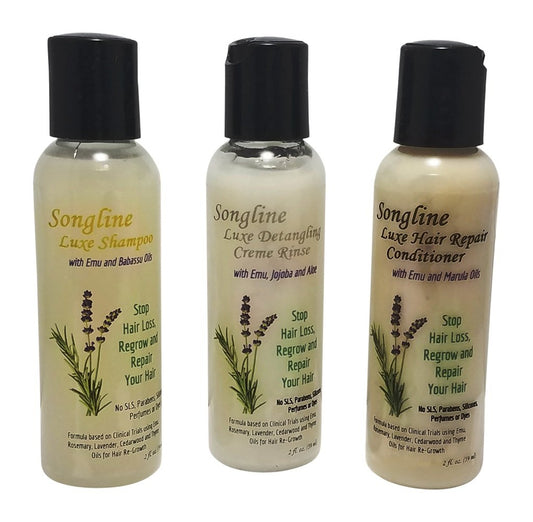 Songline Luxe Hair Care Kit With Emu Oil Enhanced Shampoo, Detangling Cream Rinse and Deep Hair Repair Conditioner - 2 oz Bottle of Each Product