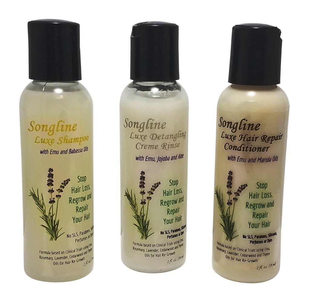 Songline Luxe Hair Care Kit With Emu Oil Enhanced Shampoo, Detangling Cream Rinse and Deep Hair Repair Conditioner - Trial Size - 2 oz Bottle of Each