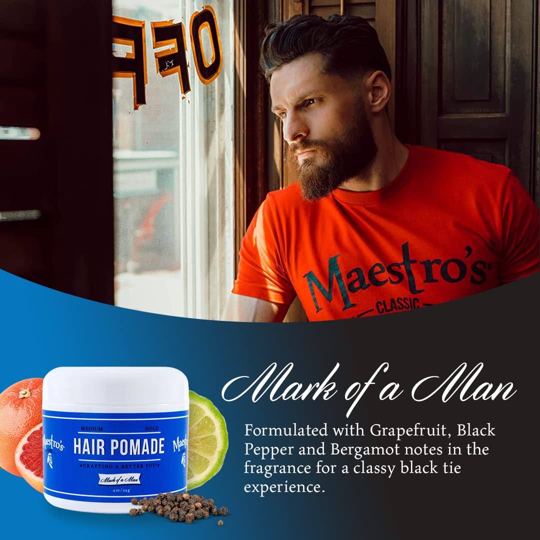 Maestro's Classic Hair Pomade - Mark of a Man Blend | Medium Hold Pomade for Men | Smooth Finish & Natural Shine | Water-Based Formula for All Hair