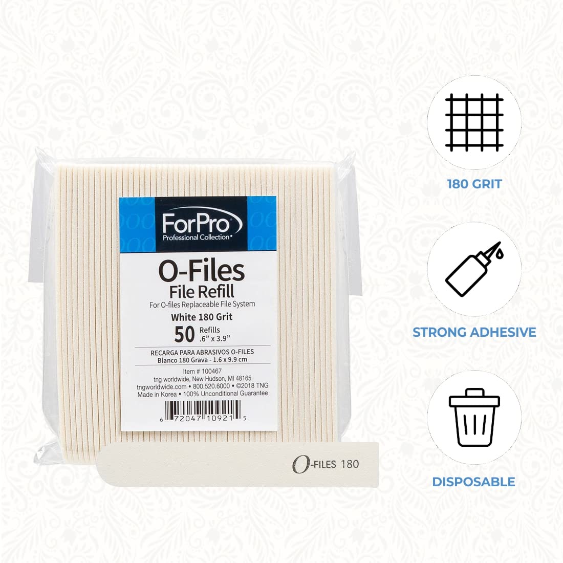 ForPro Professional Collection O-Files Replaceable File System, 180 Grit, Manicure Nail File Refills, 3.9” L x .6“ W, White, 50-Count