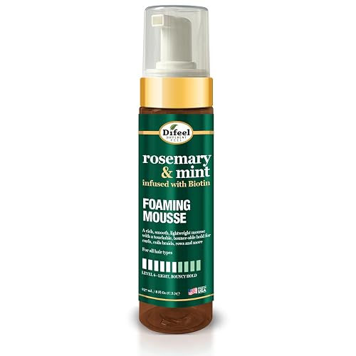 Difeel Rosemary & Mint Foaming Mousse 8 Ounces - Infused with Biotin, Level 6 Hold for Curls, Coil Braids, Rows and More