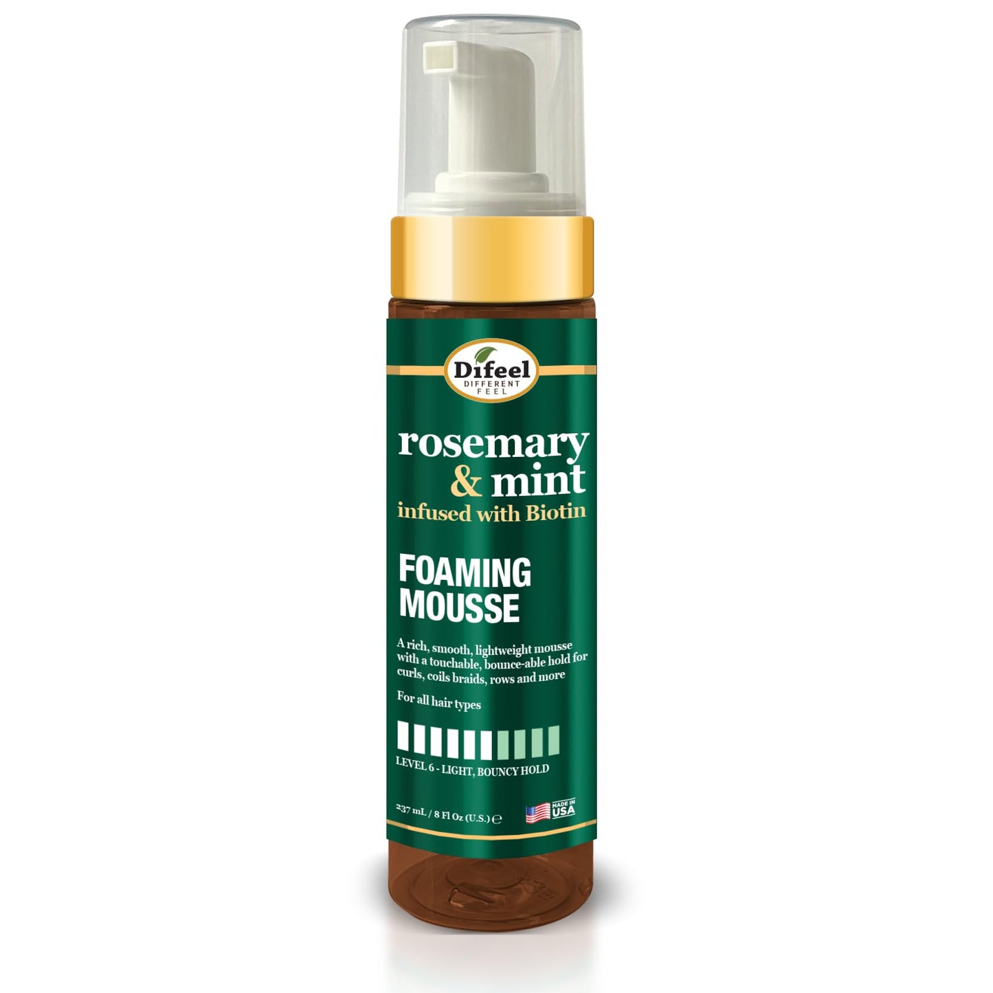 Difeel Rosemary & Mint Foaming Mousse 8 Ounces - Infused with Biotin, Level 6 Hold for Curls, Coil Braids, Rows and More
